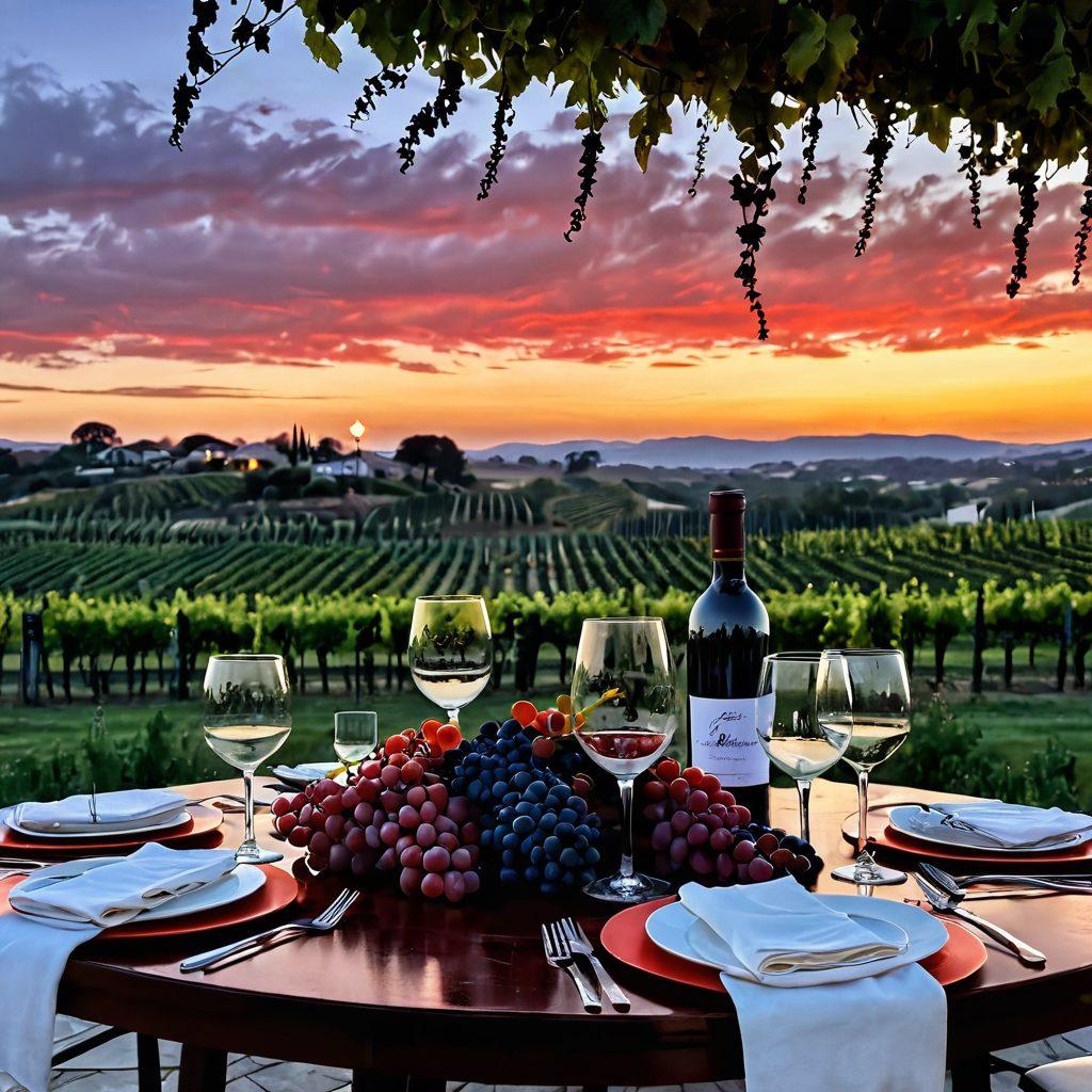 A lavish dining table set outdoors under a twilight sky, showcasing elegant wine glasses filled with various shades of red and white wine. Surrounding the table are lush grapevines and soft candlelight illuminating the scene. A backdrop of a vineyard in full bloom adds depth, while a subtle overlay of safety icons subtly represents the importance of background screening. warm colors. painterly style. romantic atmosphere.