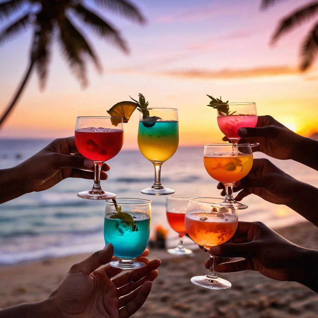 A serene moment of clinking glasses filled with colorful cocktails, set against a backdrop of a sunset on a beach. The scene features people of diverse backgrounds joyfully sharing drinks, highlighting the celebration of identity and connection. Subtle elements of identity verification, like stylized checkmarks or badges, are elegantly integrated into the decor. Soft bokeh lights enhance the warm, inviting atmosphere. vibrant colors. super-realistic.